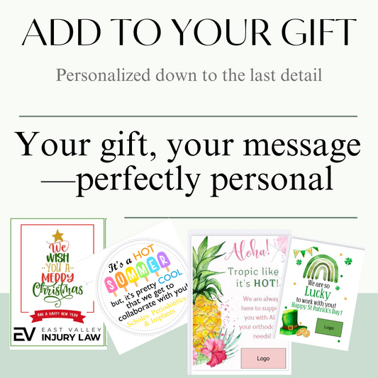 Make your gifts unforgettable with a custom tag, card or sticker featuring your name or logo – perfect for business gifts, weddings, or special events. Turn a simple gift into a branded experience.”